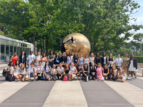 Girls outside the UN as part of Issues to Action at Summer in Farmington